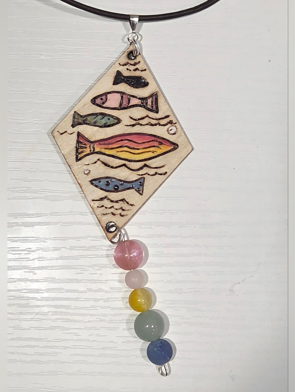 Handcrafted Rainbow Fish Kite Pendant Necklace with Beaded Drop Sterling Silver